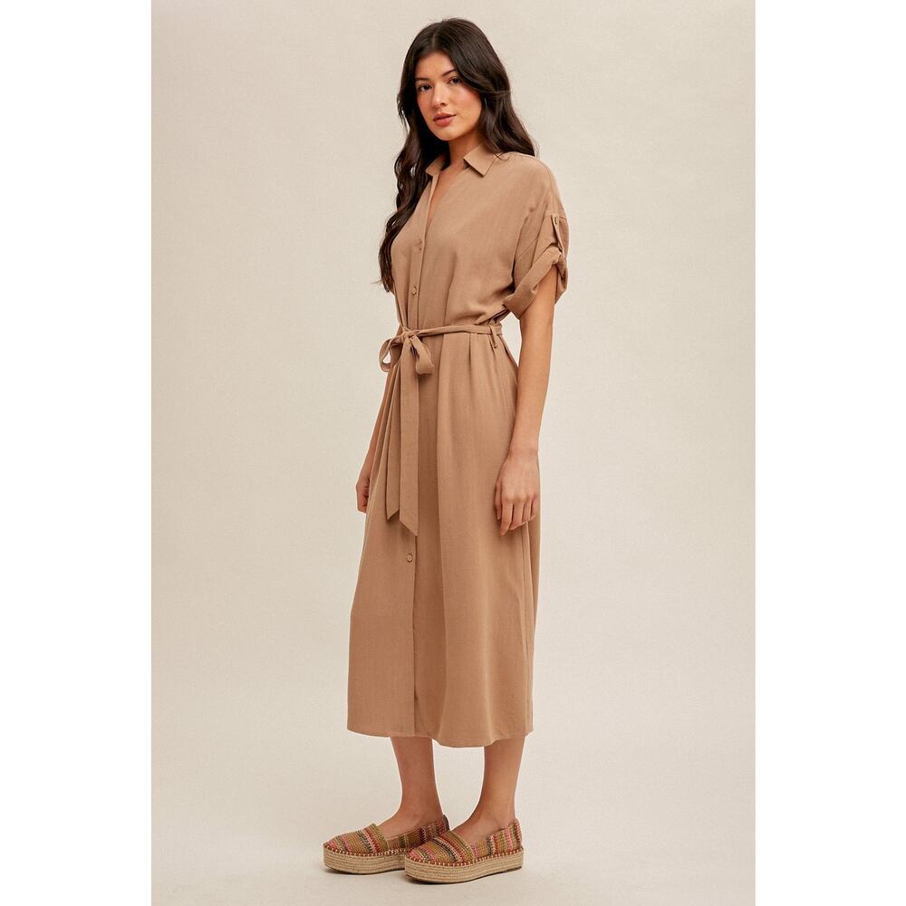 V-neck Self Tie Belt Short Sleeve Shirt Dress - Picture 2 of 3